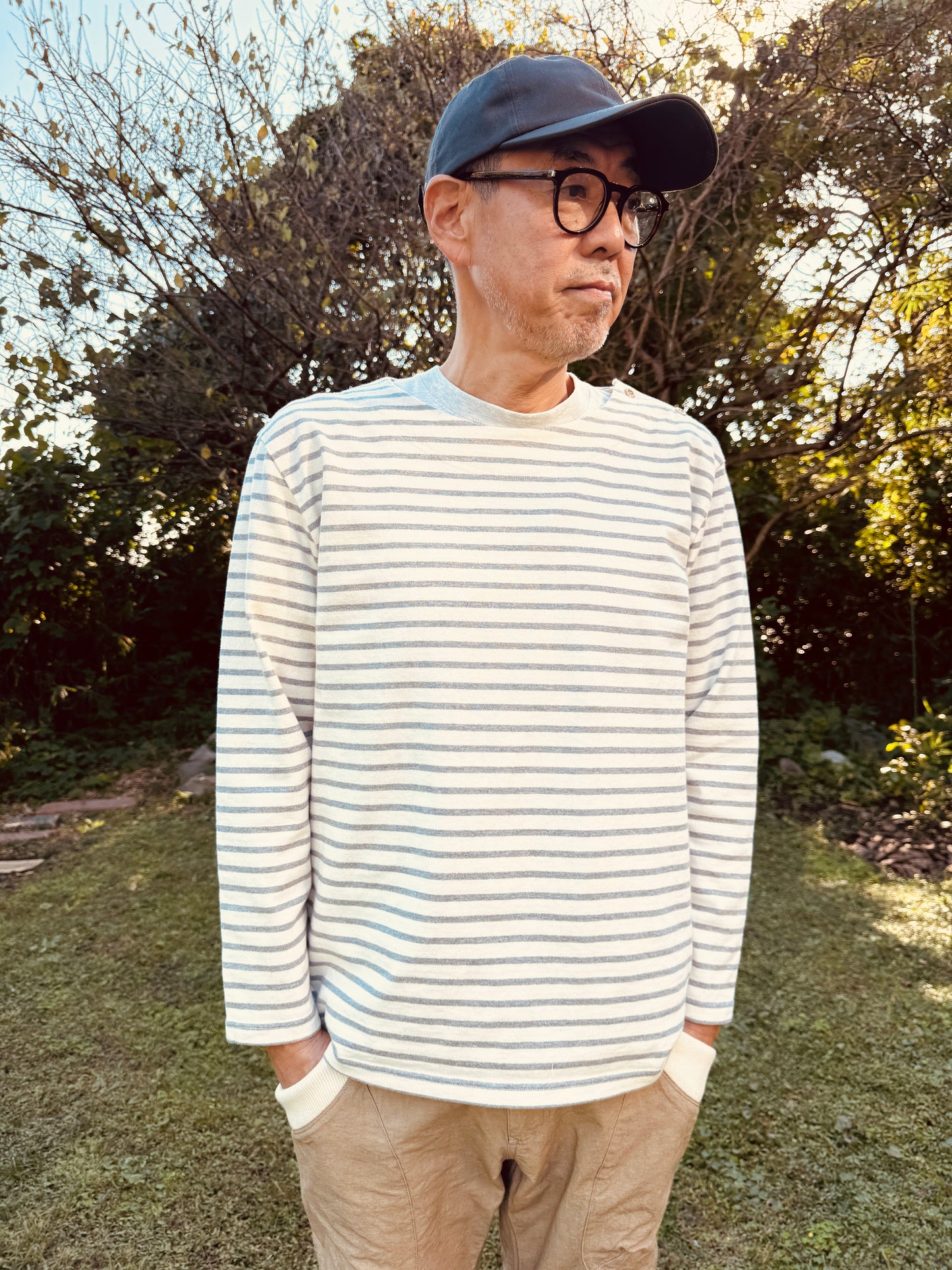 ボートネック ブレスレットスリーブT-シャツ / マリンボーダー