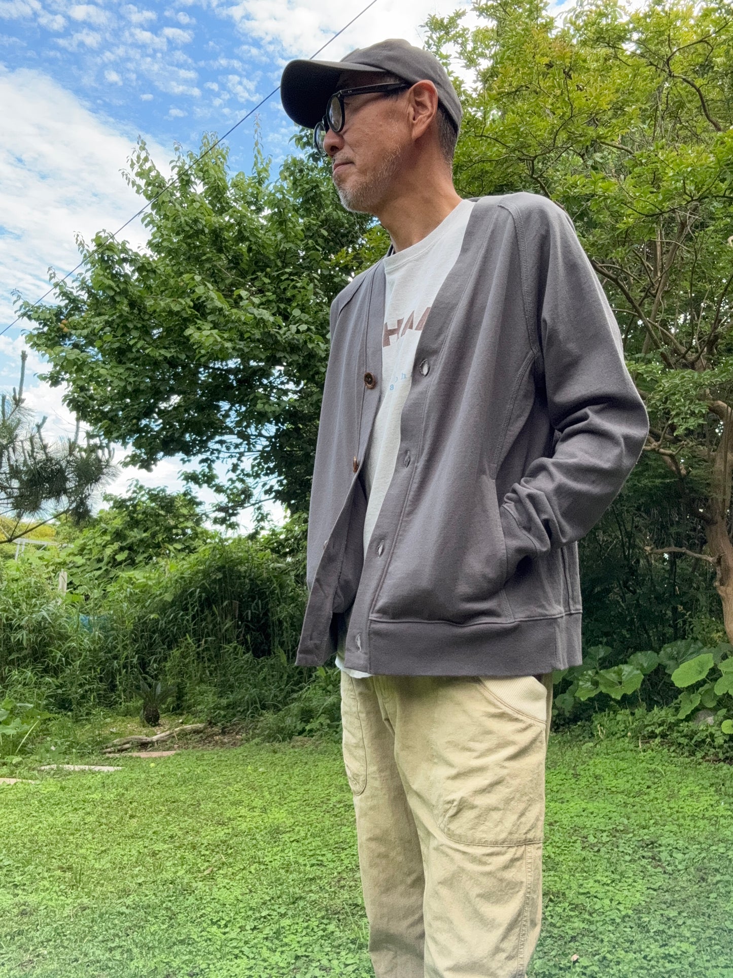 ノーカラーカーディガン/コットンジャージー