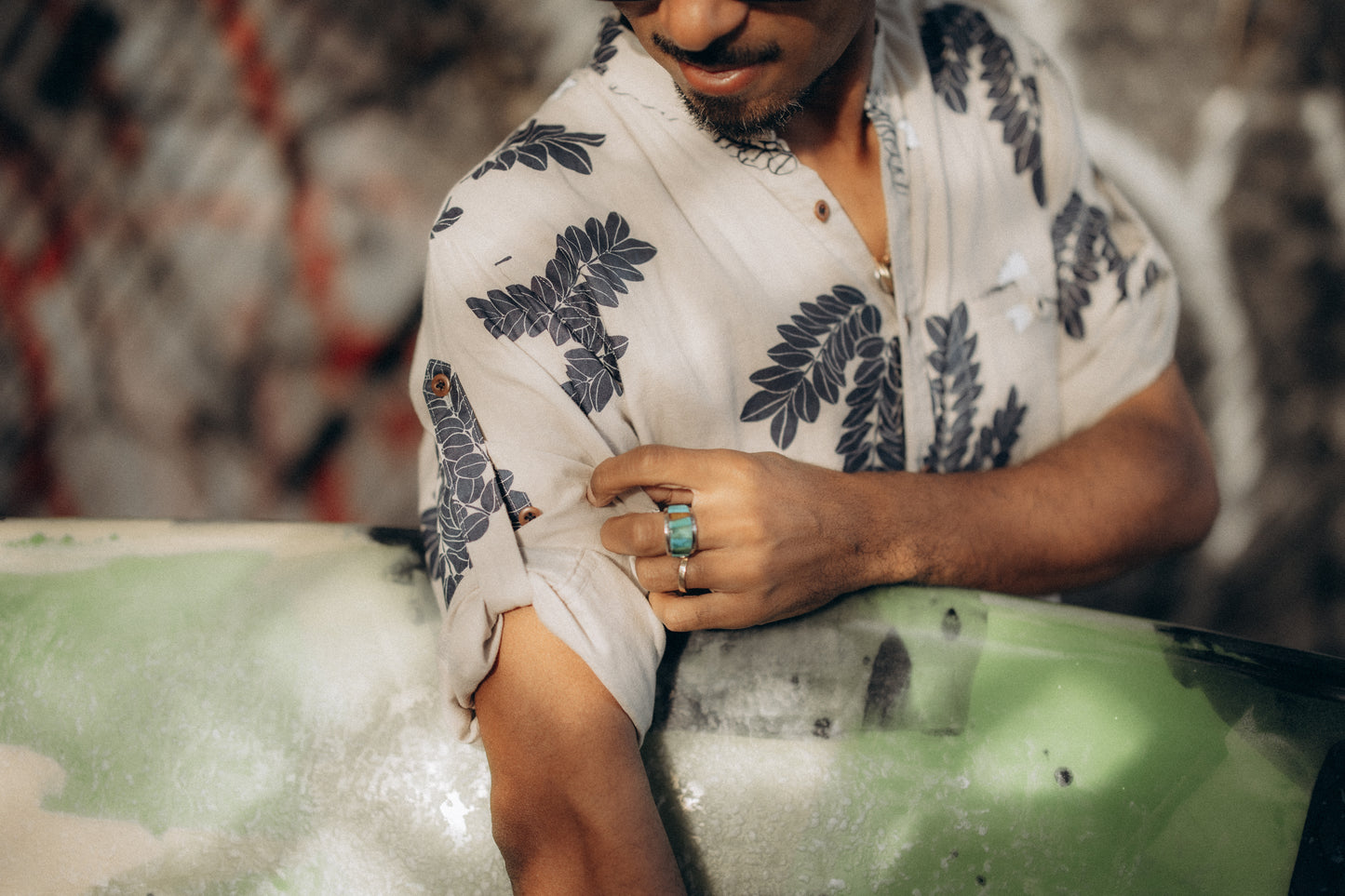 バンドカラーブレスレットスリーブシャツ/モンキーポッドプリントWガーゼ