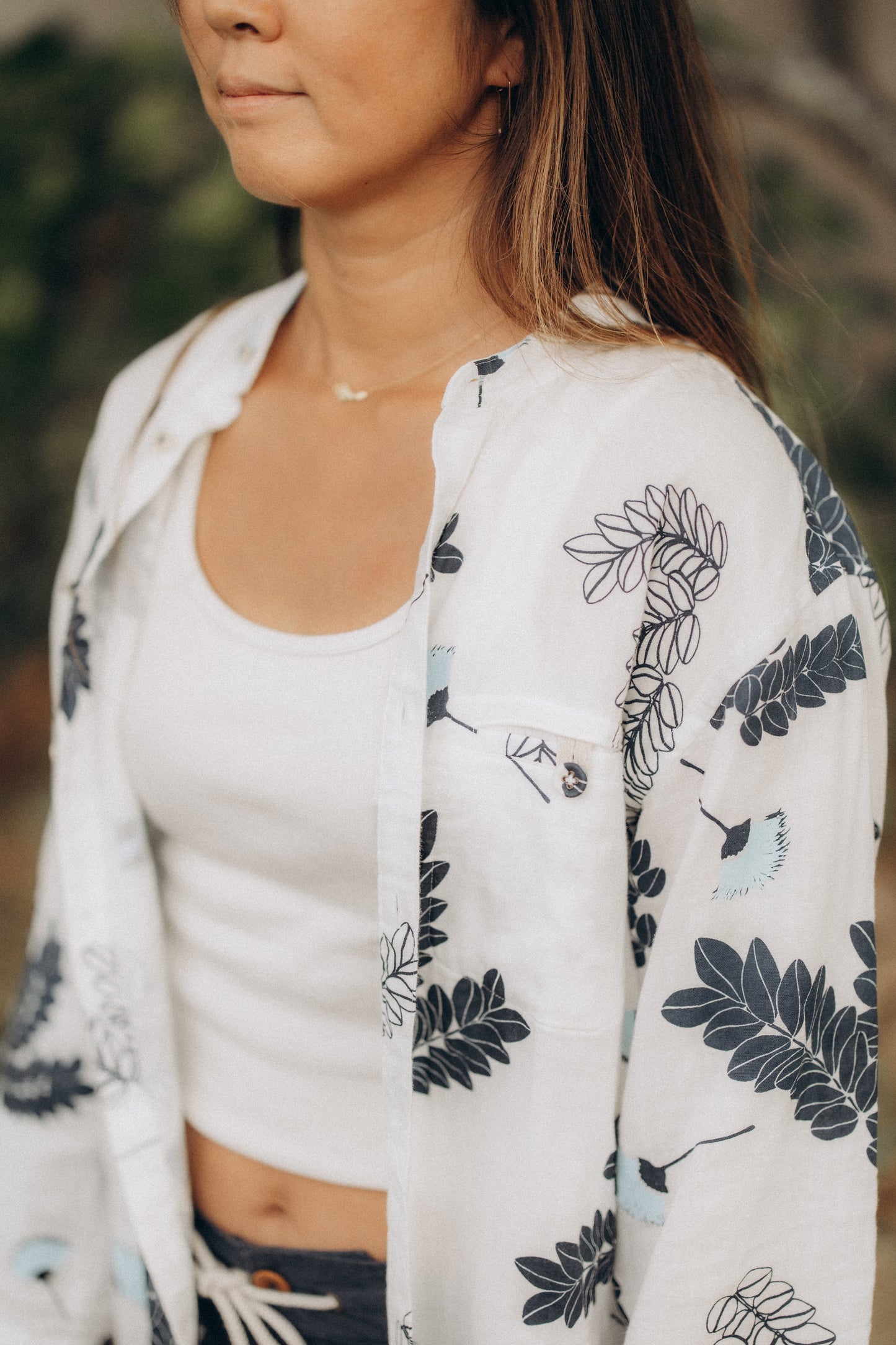 バンドカラーブレスレットスリーブシャツ/モンキーポッドプリントWガーゼ