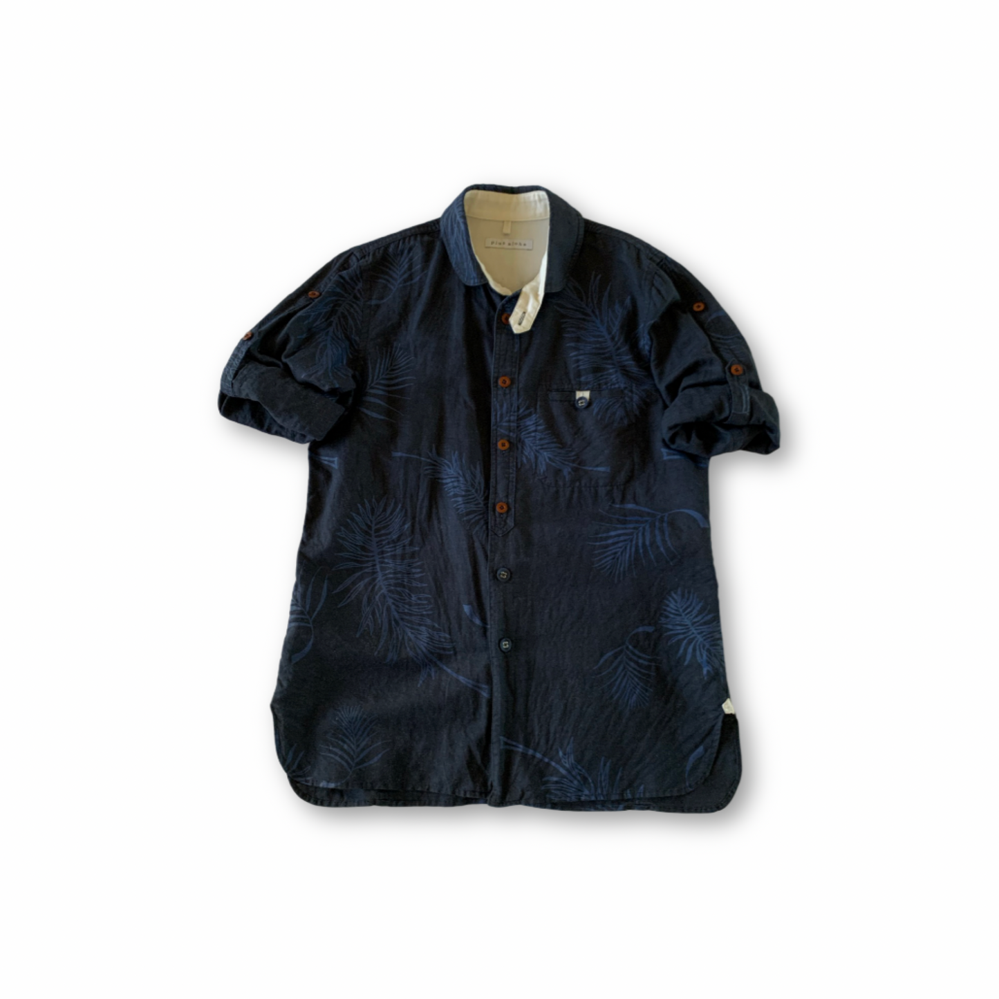 ラウンドカラーロールアップスリーブシャツ／パームリーフプリント