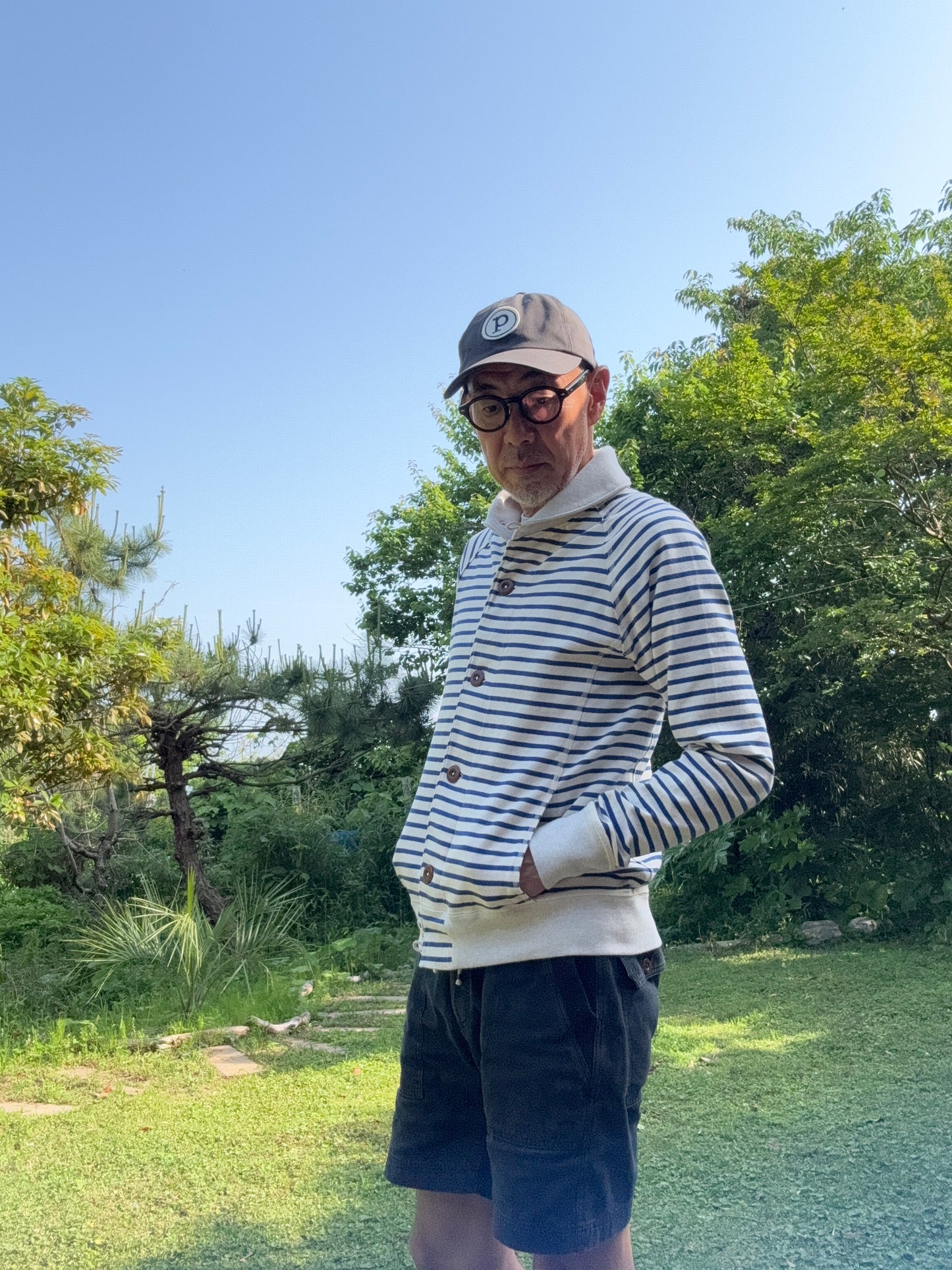 ラウンドカラーカーディガン/天竺ボーダー