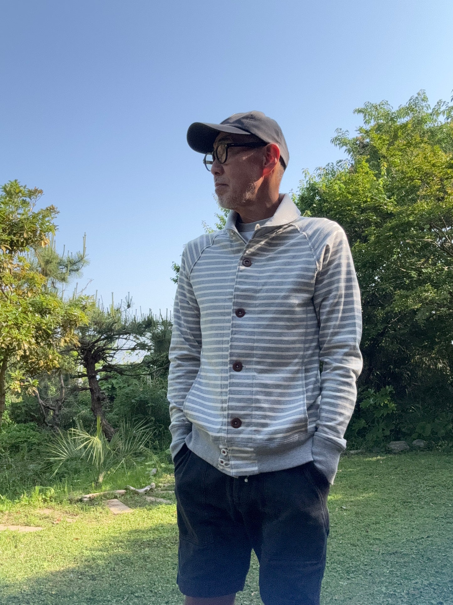 ラウンドカラーカーディガン/天竺ボーダー