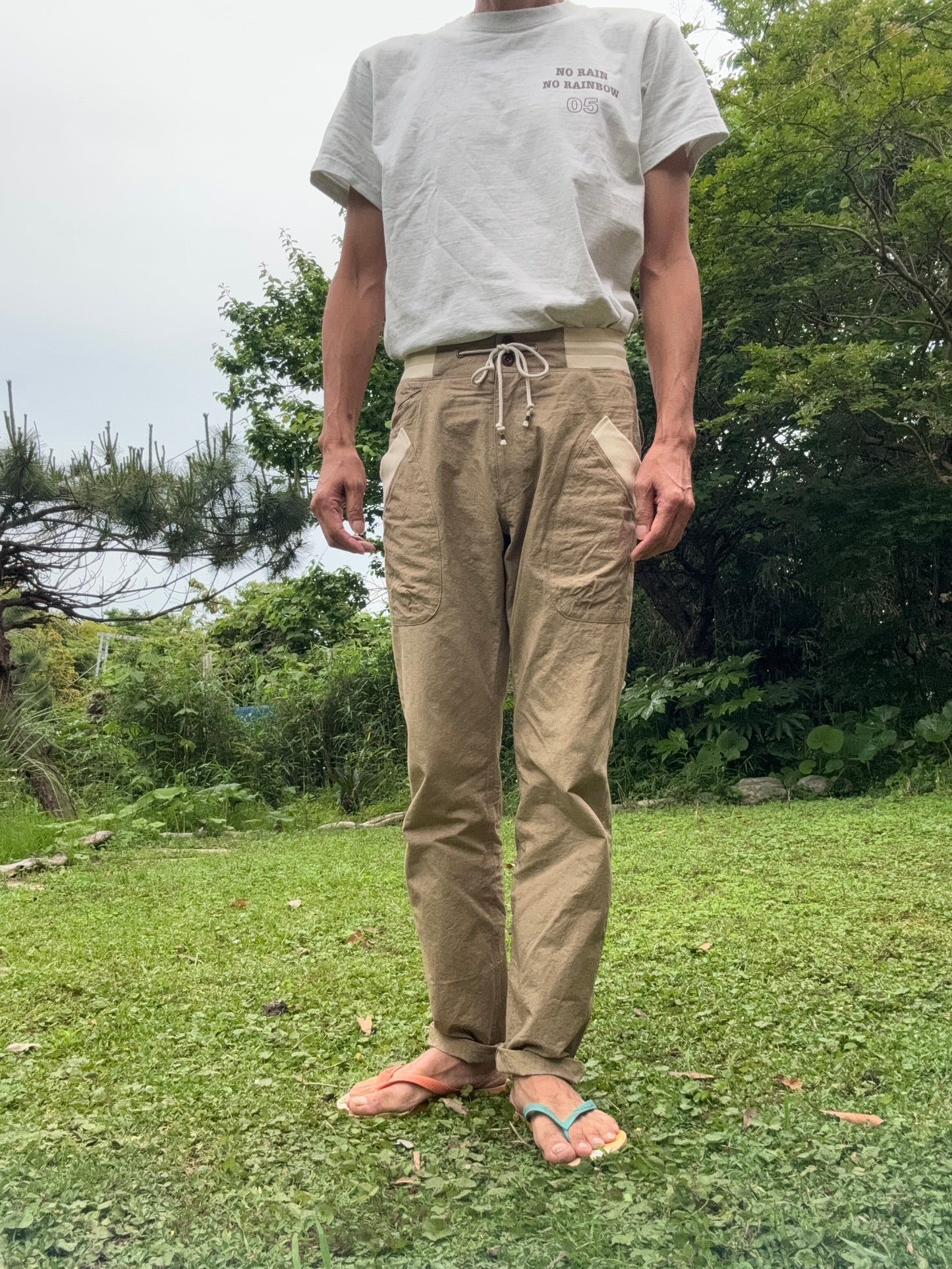 サイドポケットリブパンツ/綿麻ダメージダイド