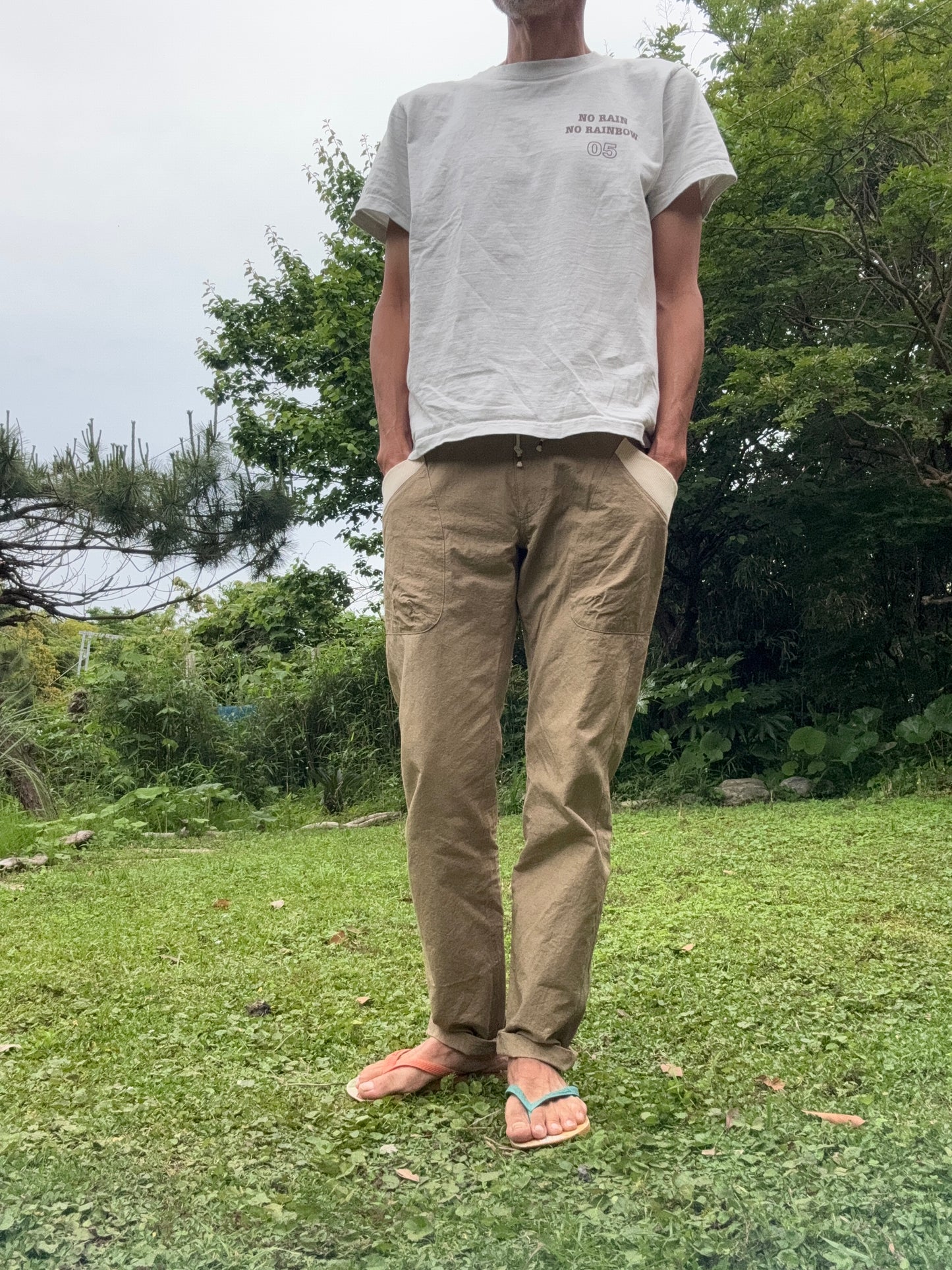 サイドポケットリブパンツ/綿麻ダメージダイド