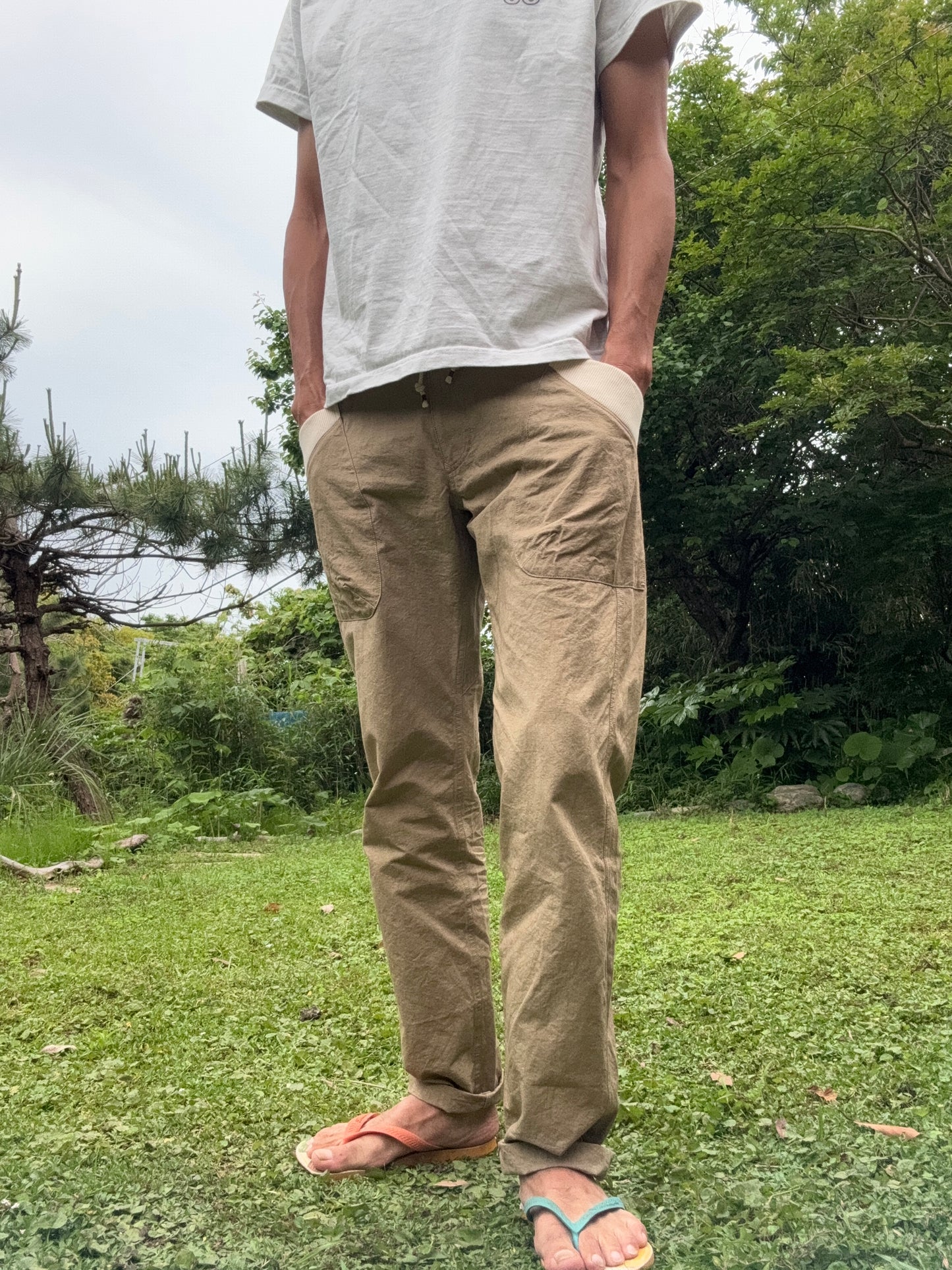 サイドポケットリブパンツ/綿麻ダメージダイド