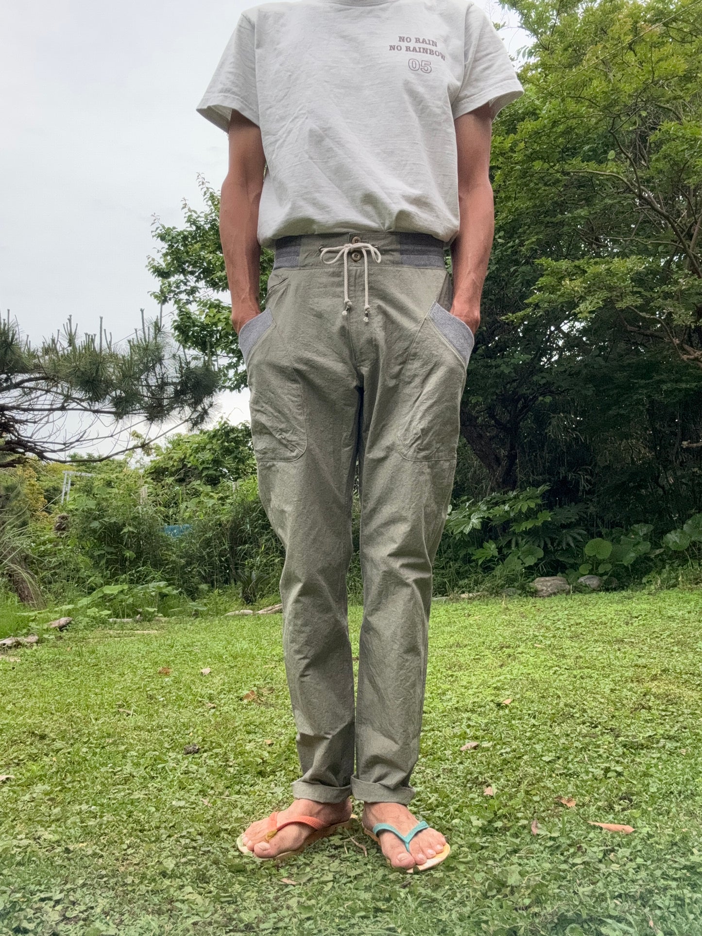 サイドポケットリブパンツ/綿麻ダメージダイド