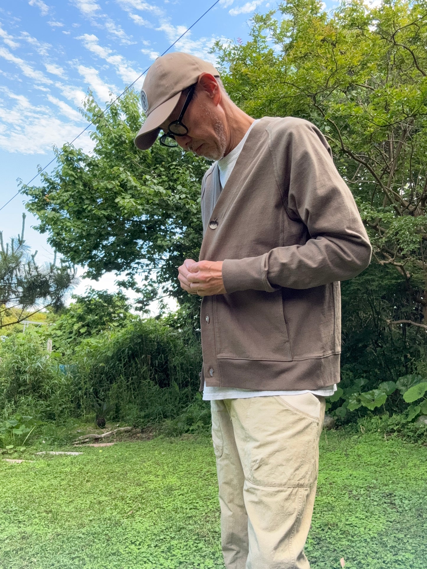 ノーカラーカーディガン/コットンジャージー