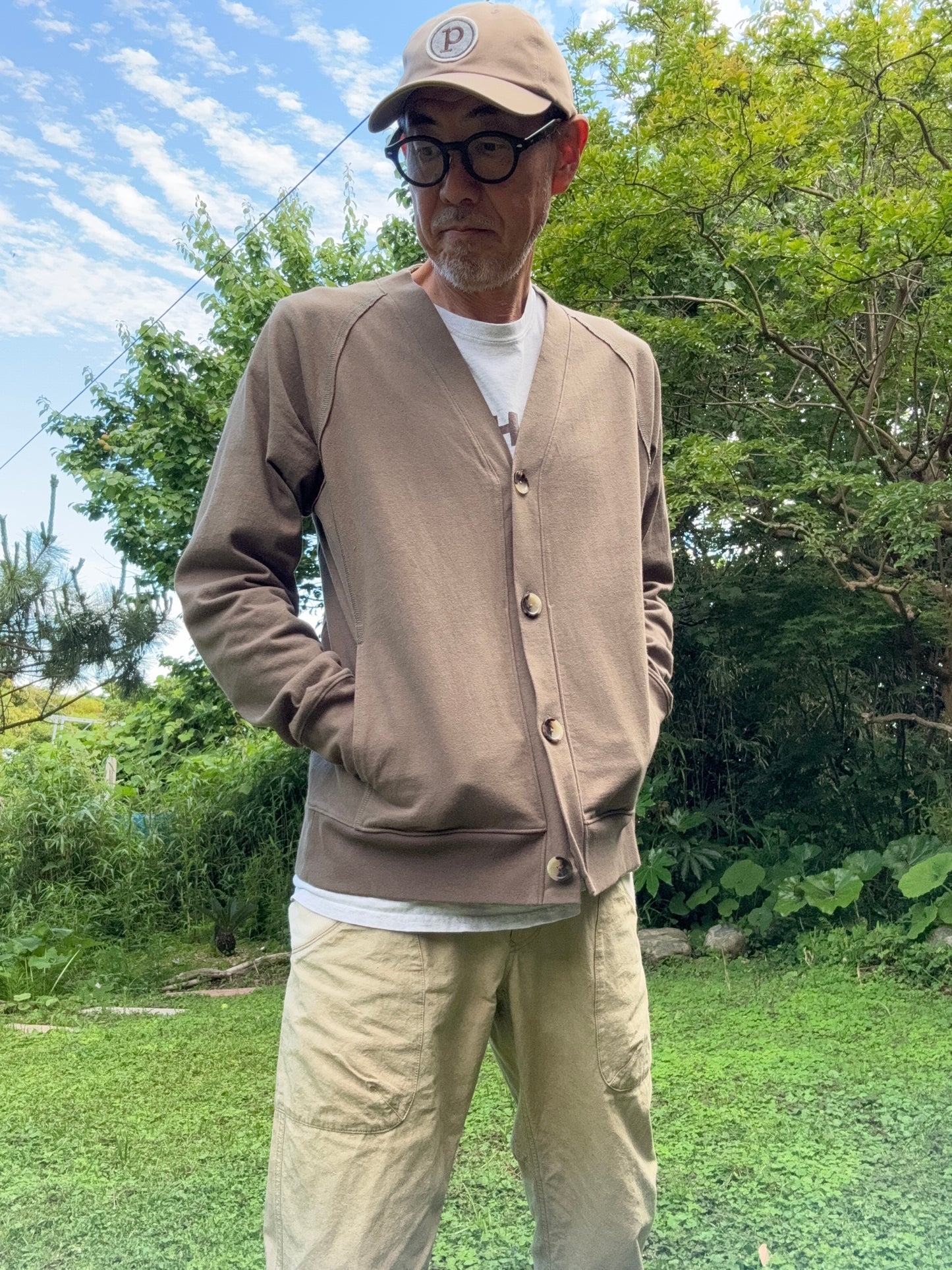 ノーカラーカーディガン/コットンジャージー