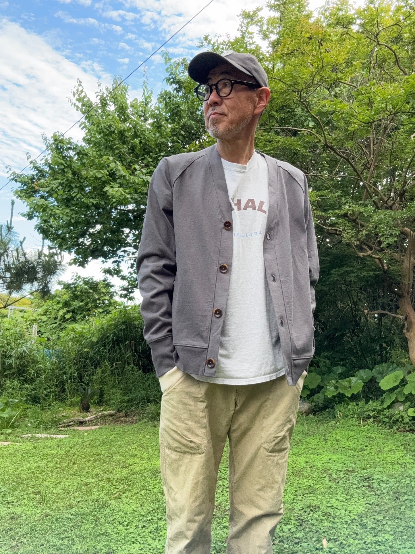 ノーカラーカーディガン/コットンジャージー