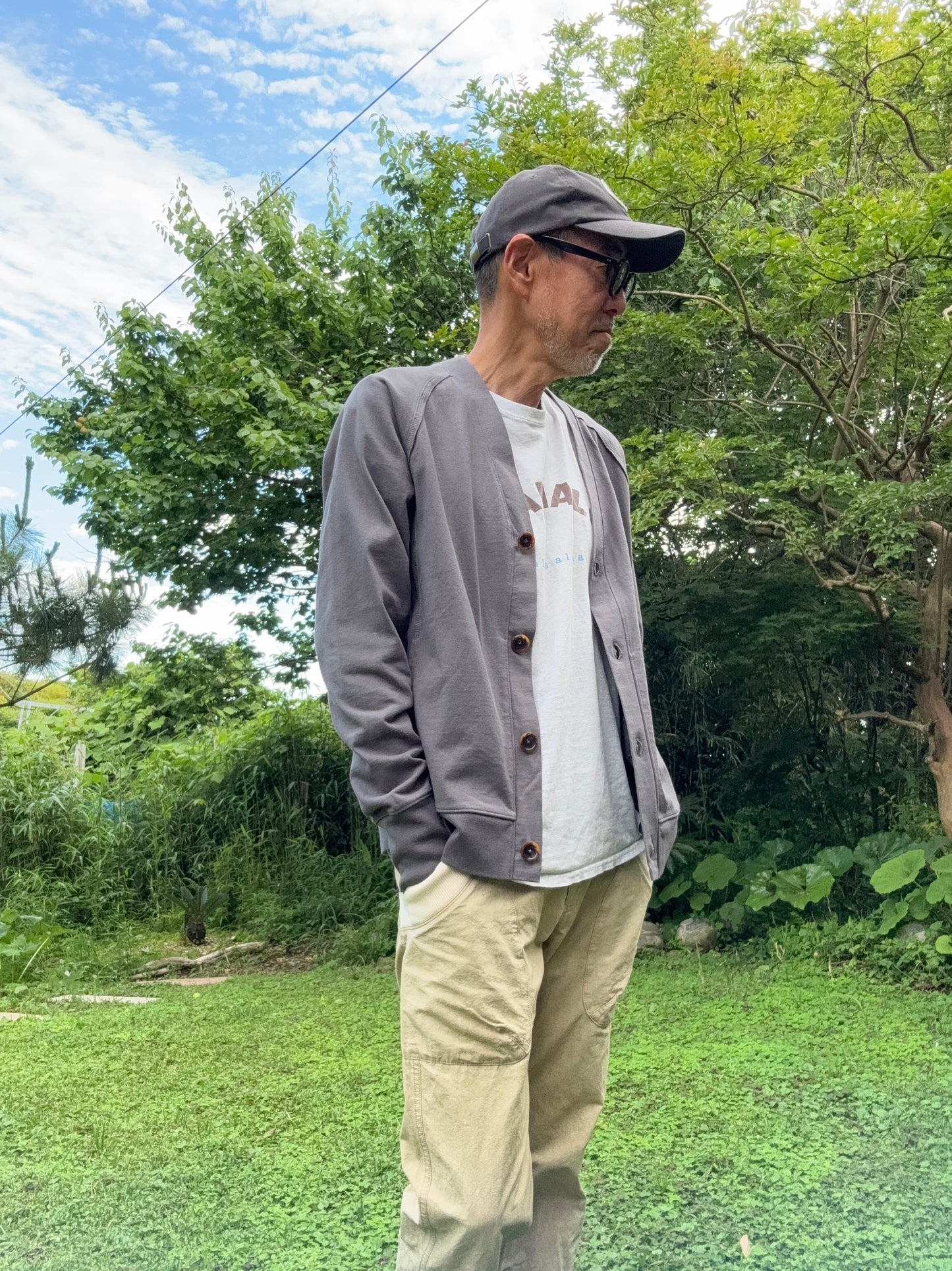 ノーカラーカーディガン/コットンジャージー