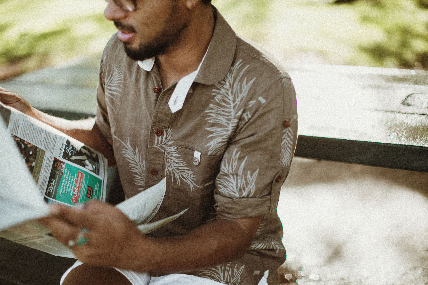 ラウンドカラーロールアップスリーブシャツ／パームリーフプリント